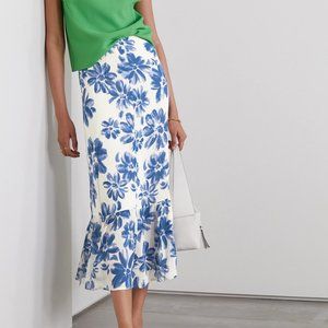 Reformation White Midi Skirt with Blue Floral Print